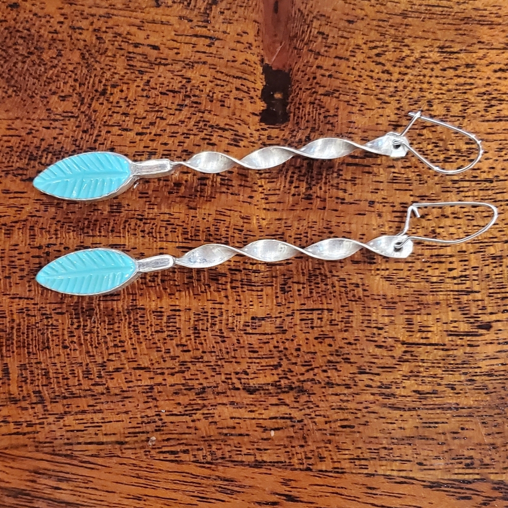 Silver and Blue Turquoise Leaf Dangle Earrings